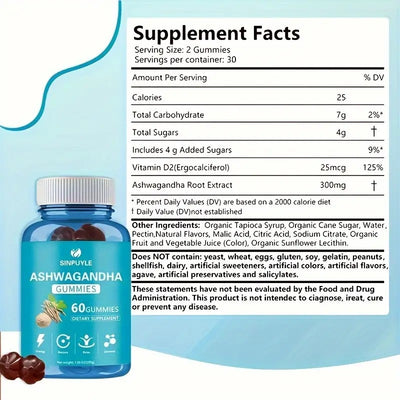 Ashwagandha Gummies 60 Count - Stress Relief, Energy Boost & Relax Support - Natural Adaptogen Supplement