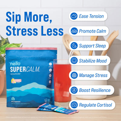 Nello Supercalm Calming Drink Mix with KSM-66 Ashwagandha Vitamin D3 Magnesium & L-Theanine Supports Cortisol Balance Mood Sleep 20 Servings Travel Packets Dietary Supplement — image 2