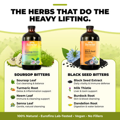 Serene Herbs Soursop & Black Seed Bitters Bundle | Organic Herbal Detox for Digestive Health Gut Healthy Booster Immune Support & Energy | Non-GMO, Vegan (32 fl oz, 16 fl oz Each) — image 3