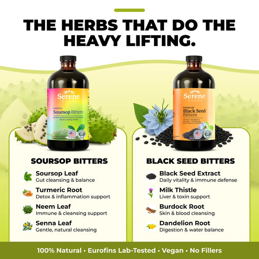 Serene Herbs Soursop & Black Seed Bitters Bundle | Organic Herbal Detox for Digestive Health Gut Healthy Booster Immune Support & Energy | Non-GMO, Vegan (32 fl oz, 16 fl oz Each) — image 3