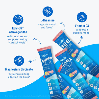 Nello Supercalm Calming Drink Mix with KSM-66 Ashwagandha Vitamin D3 Magnesium & L-Theanine Supports Cortisol Balance Mood Sleep 20 Servings Travel Packets Dietary Supplement — image 4