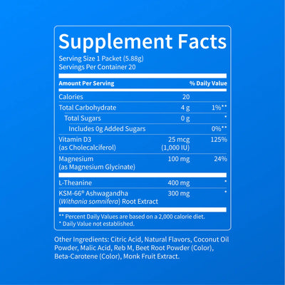 Nello Supercalm Calming Drink Mix with KSM-66 Ashwagandha Vitamin D3 Magnesium & L-Theanine Supports Cortisol Balance Mood Sleep 20 Servings Travel Packets Dietary Supplement — image 9