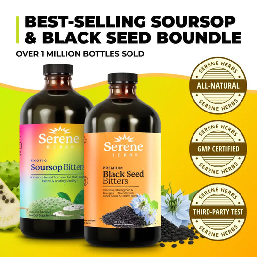 Serene Herbs Soursop & Black Seed Bitters Bundle | Organic Herbal Detox for Digestive Health Gut Healthy Booster Immune Support & Energy | Non-GMO, Vegan (32 fl oz, 16 fl oz Each) — image 1