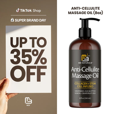 M3 Naturals Cellulite Massage Oil 8oz - Smooth the Appearance of Cellulite - Body Care & Skin Care Massage Oil - Topical Collagen and Plant Stem Cell Body Oil to Restore Texture and Elasticity - Soothing Body Oil — image 1
